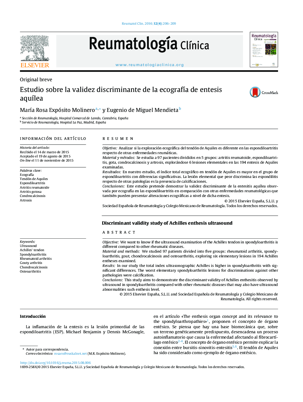 Estudio sobre la validez discriminante de la ecografÃ­a de entesis aquÃ­lea