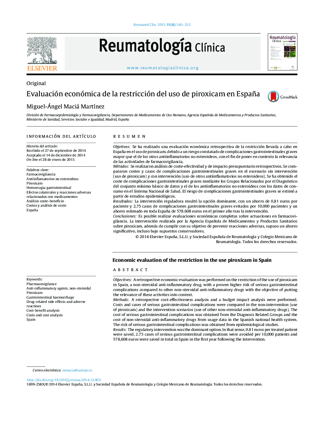 Evaluación económica de la restricción del uso de piroxicam en España
