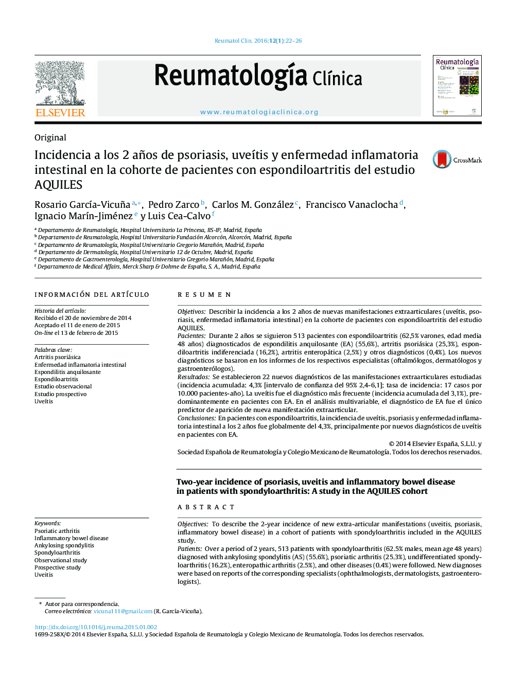 Incidencia a los 2 años de psoriasis, uveítis y enfermedad inflamatoria intestinal en la cohorte de pacientes con espondiloartritis del estudio AQUILES