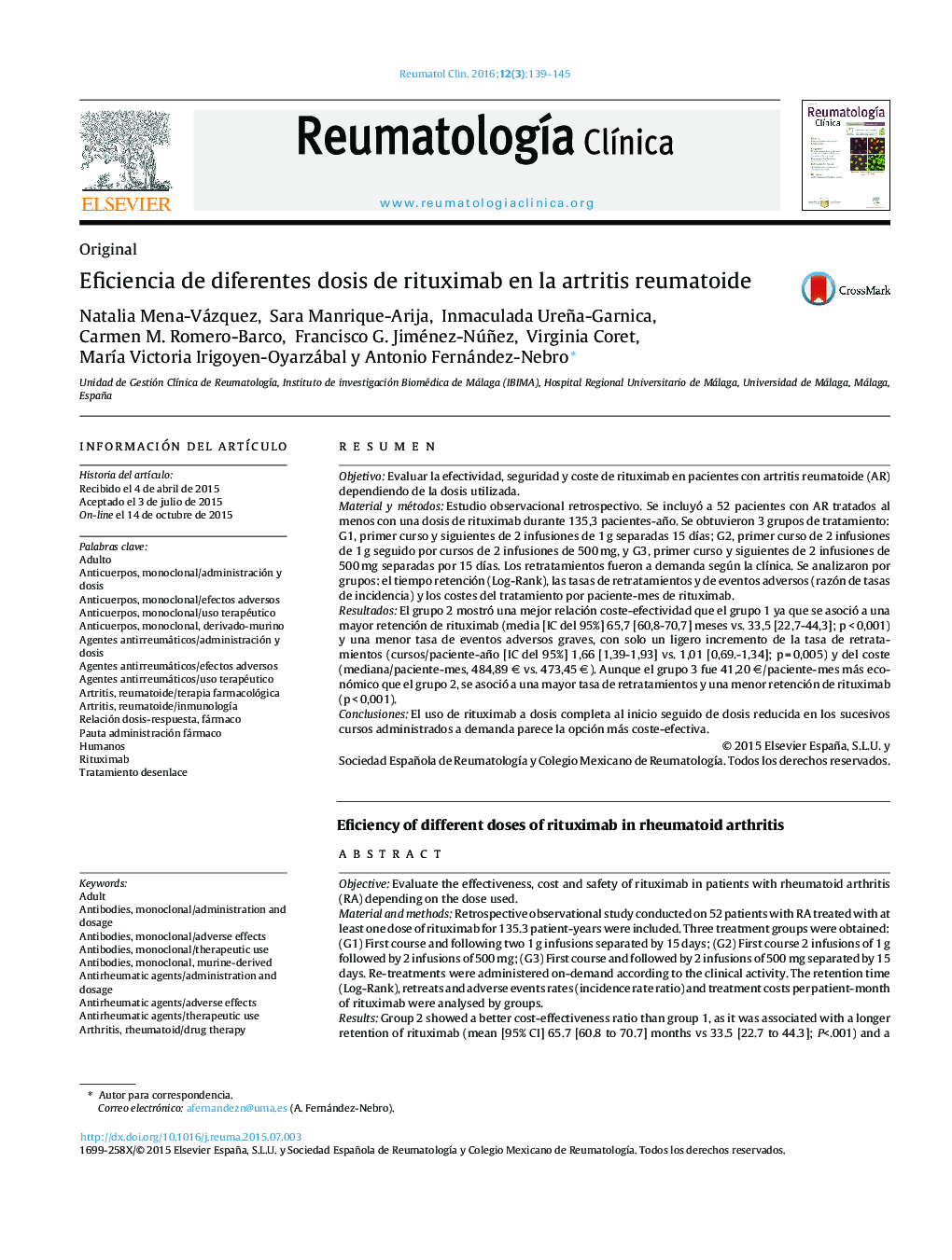 Eficiencia de diferentes dosis de rituximab en la artritis reumatoide