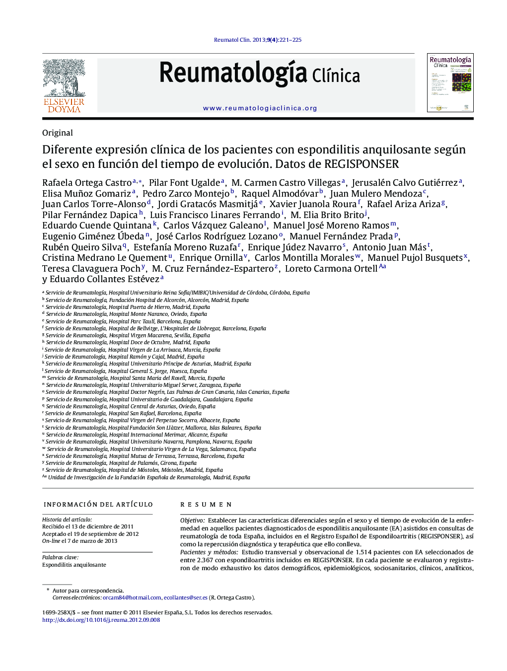 Diferente expresión clínica de los pacientes con espondilitis anquilosante según el sexo en función del tiempo de evolución. Datos de REGISPONSER