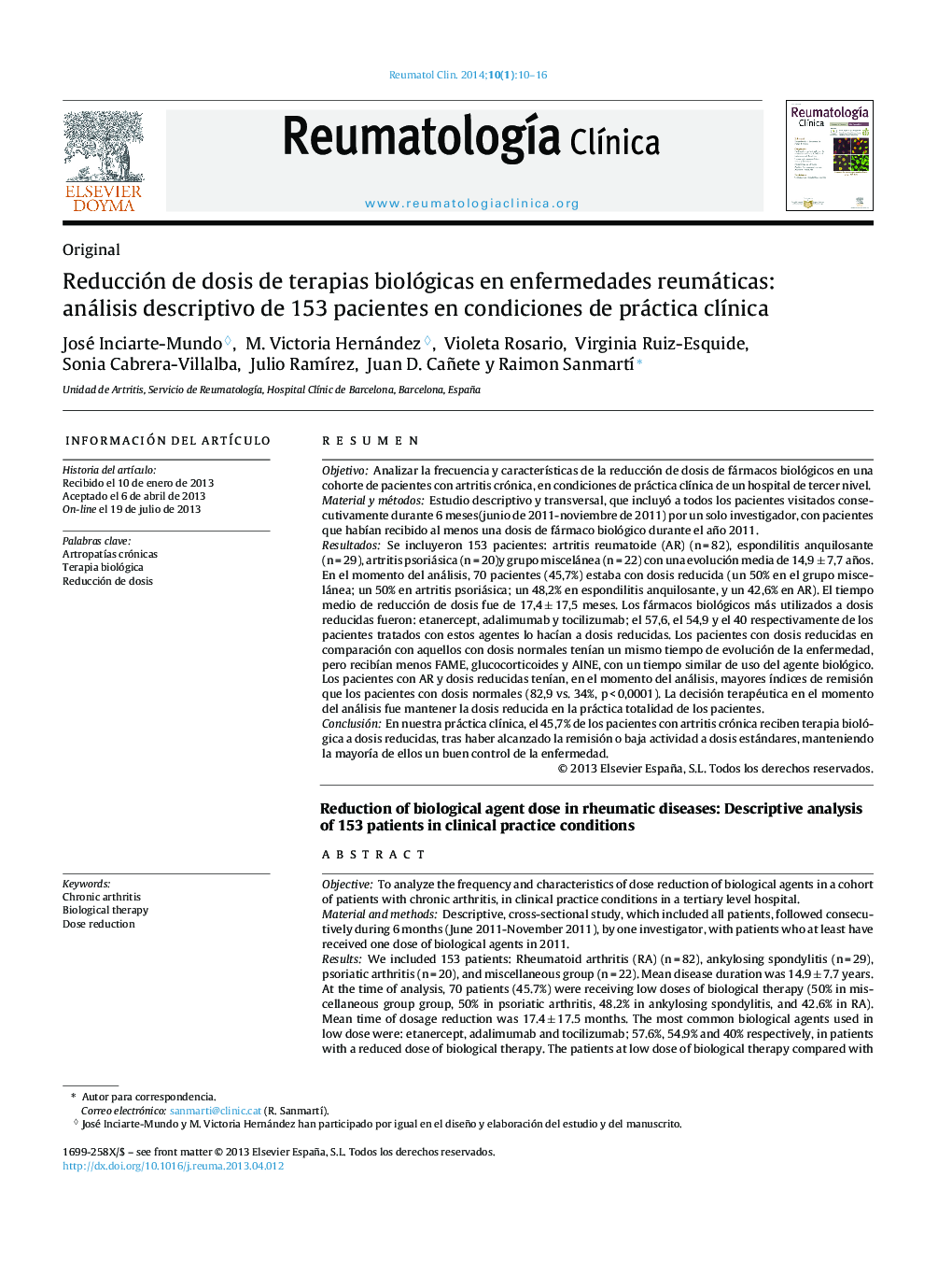 Reducción de dosis de terapias biológicas en enfermedades reumáticas: análisis descriptivo de 153 pacientes en condiciones de práctica clínica