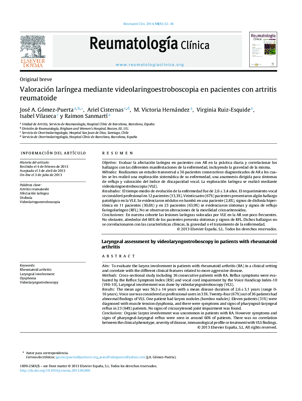 Valoración laríngea mediante videolaringoestroboscopia en pacientes con artritis reumatoide