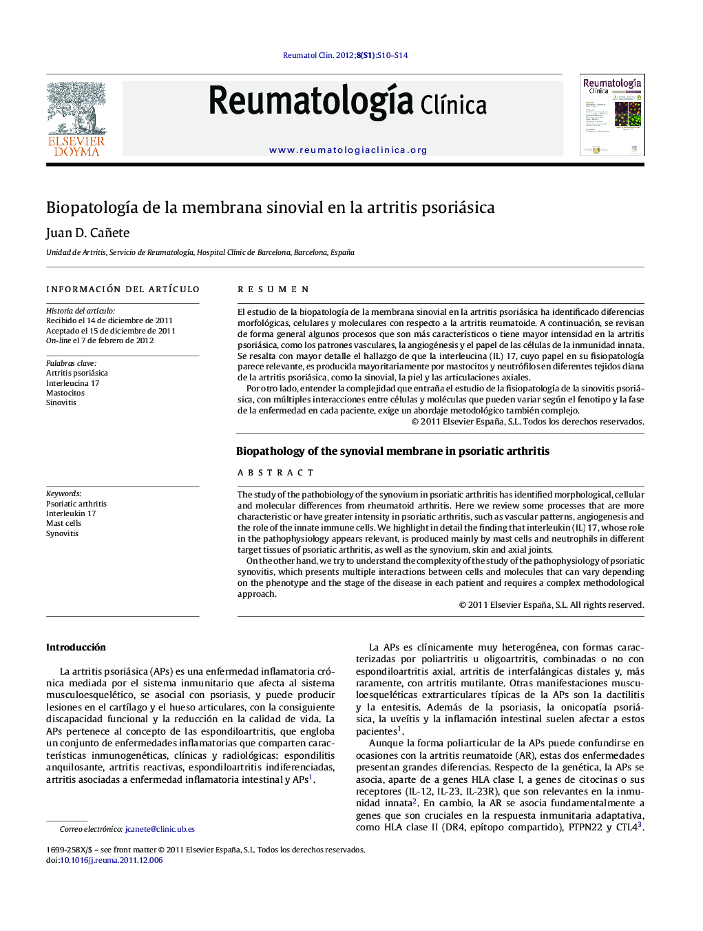 BiopatologÃ­a de la membrana sinovial en la artritis psoriásica