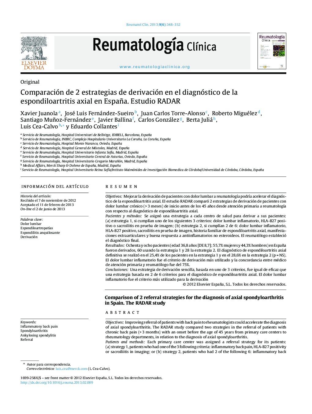 عکس صفحه اول مقاله: Comparación de 2 estrategias de derivación en el diagnóstico de la espondiloartritis axial en España. Estudio RADAR Comparación de 2 estrategias de derivación en el diagnóstico de la espondiloartritis axial en España. Estudio RADAR
