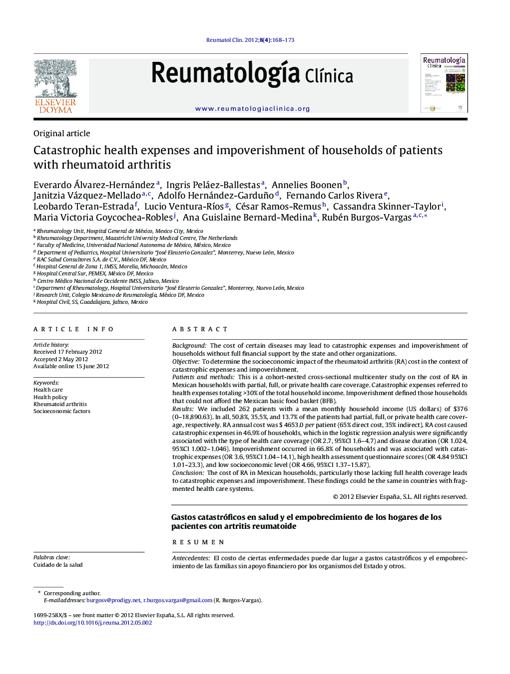 Catastrophic health expenses and impoverishment of households of patients with rheumatoid arthritis