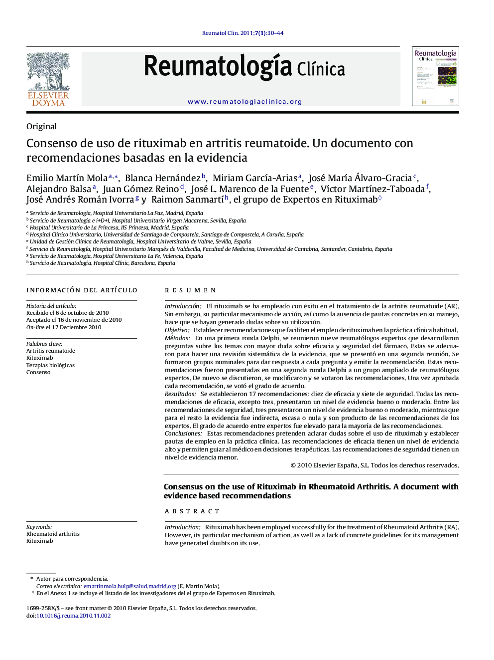 Consenso de uso de rituximab en artritis reumatoide. Un documento con recomendaciones basadas en la evidencia