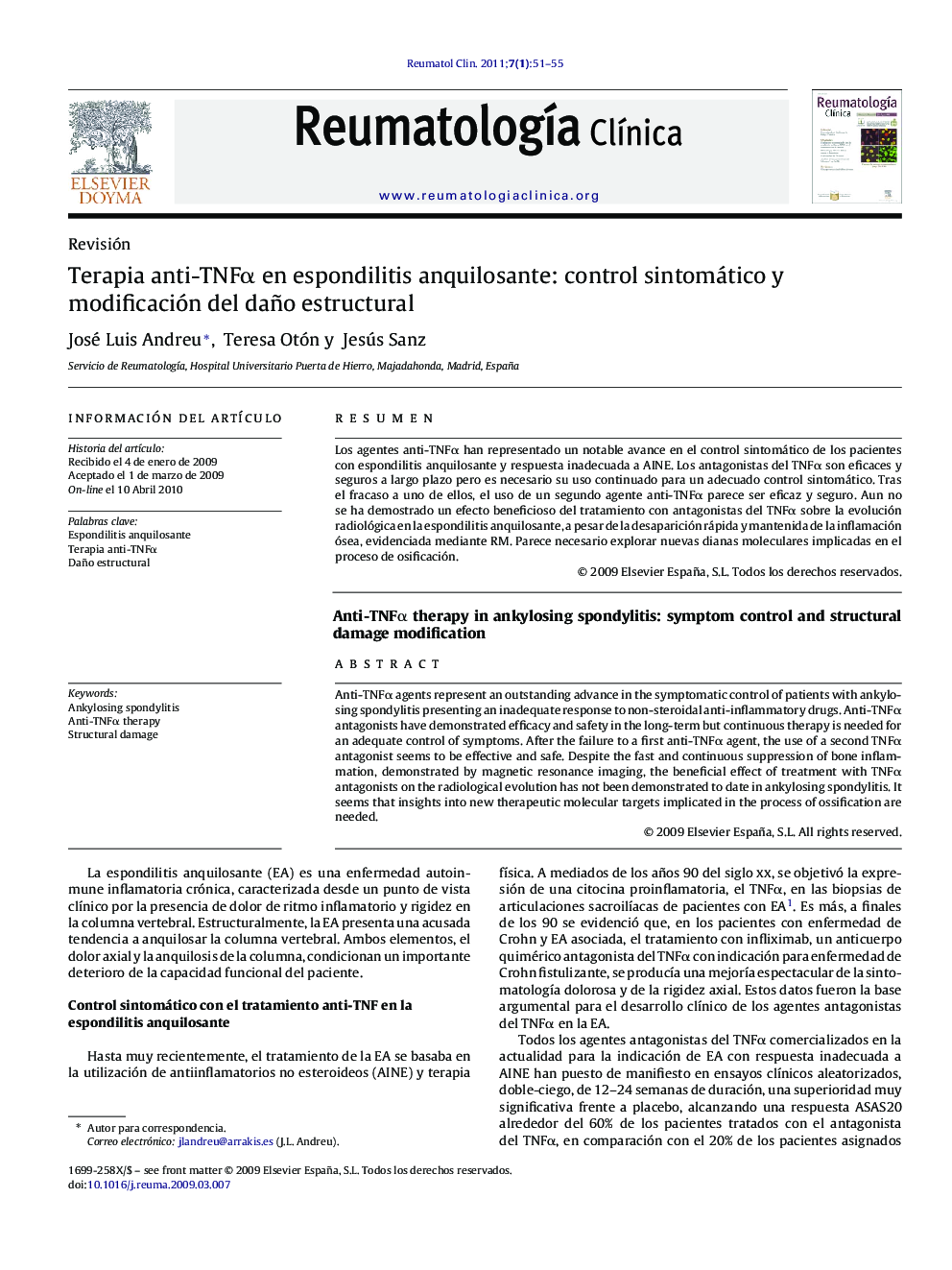 Terapia anti-TNFα en espondilitis anquilosante: control sintomático y modificación del daño estructural