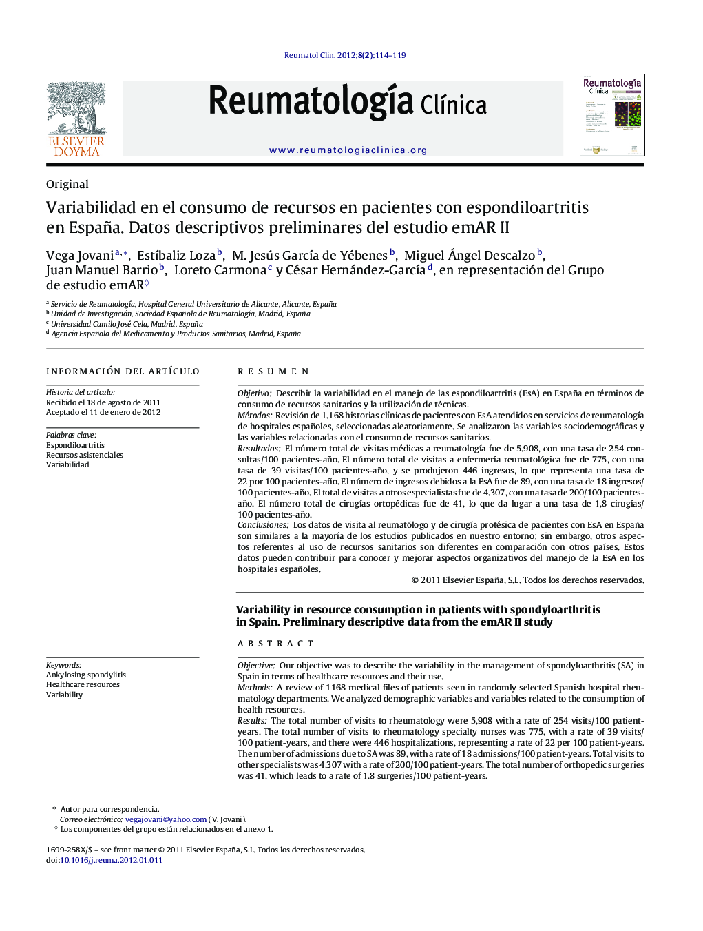 Variabilidad en el consumo de recursos en pacientes con espondiloartritis en España. Datos descriptivos preliminares del estudio emAR II