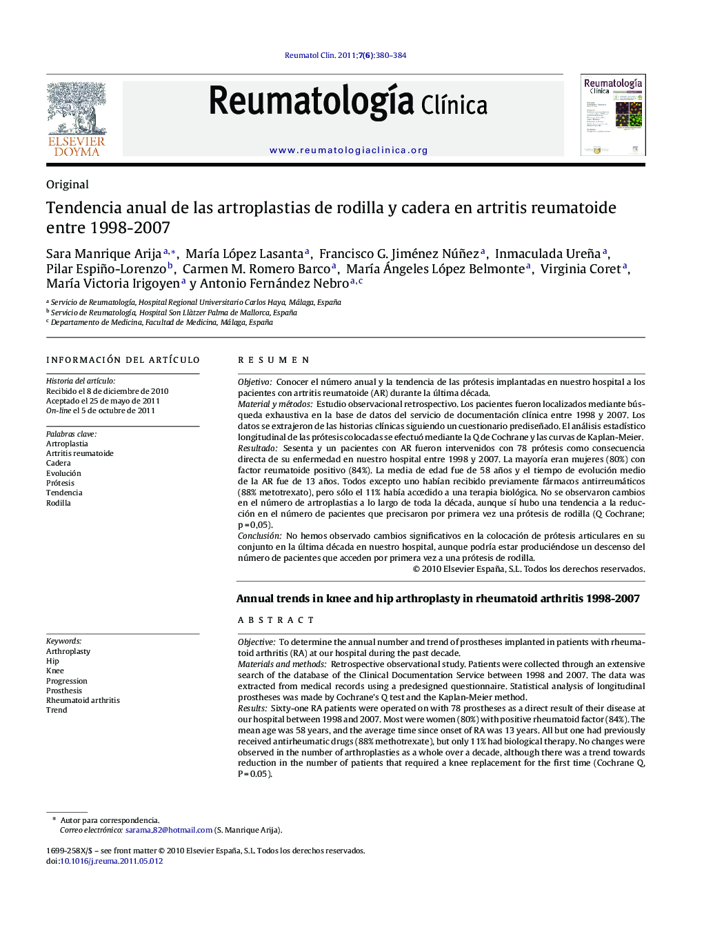 Tendencia anual de las artroplastias de rodilla y cadera en artritis reumatoide entre 1998-2007