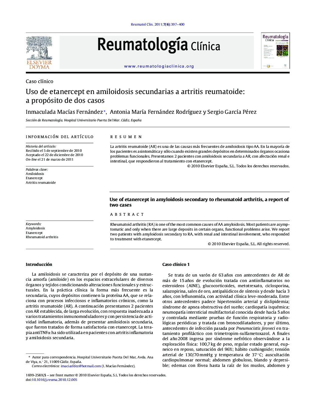 Uso de etanercept en amiloidosis secundarias a artritis reumatoide: a propósito de dos casos