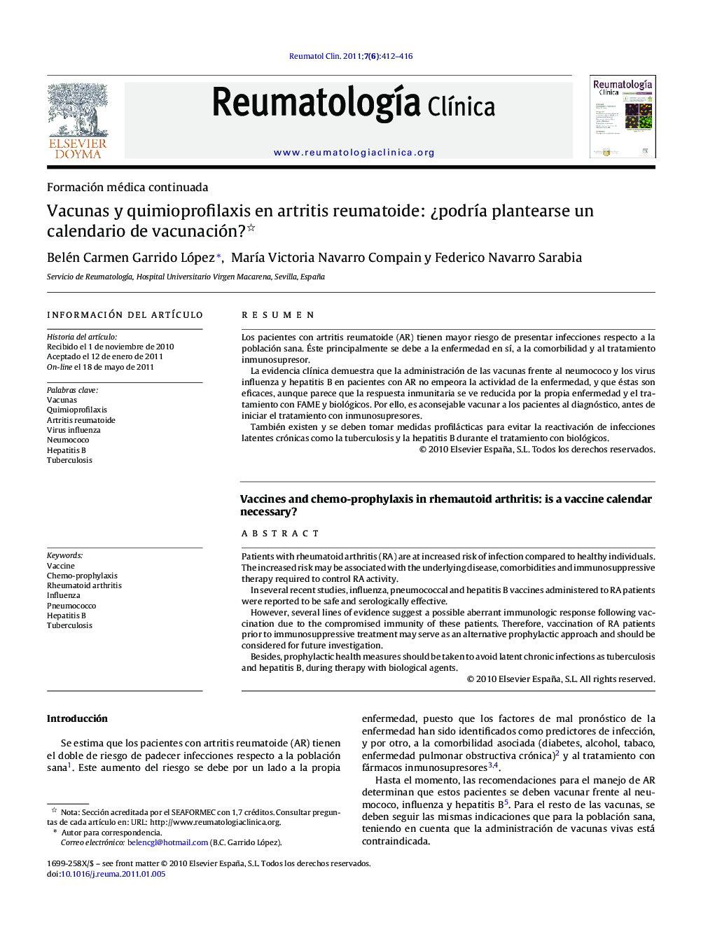 Vacunas y quimioprofilaxis en artritis reumatoide: ¿podría plantearse un calendario de vacunación? 