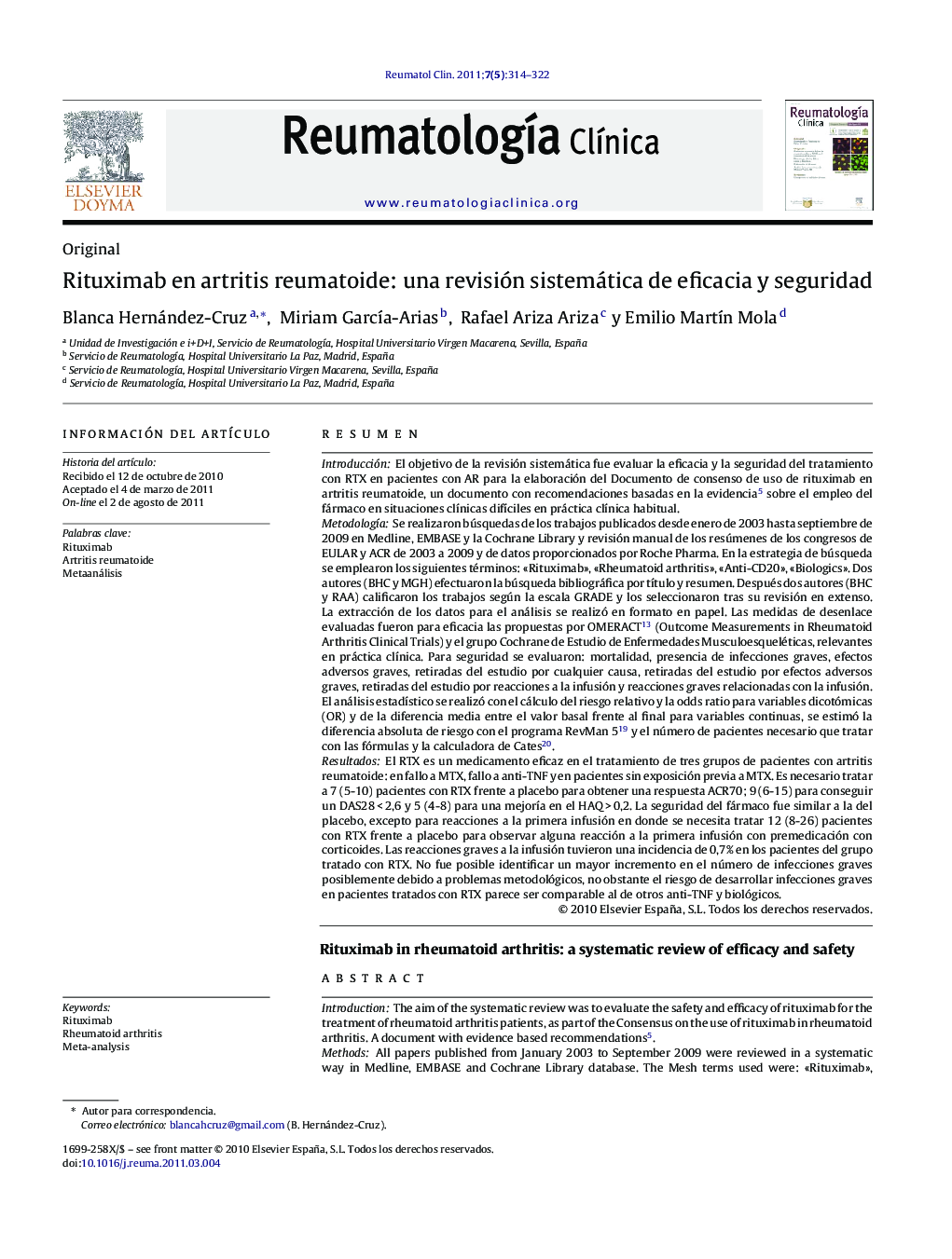 Rituximab en artritis reumatoide: una revisión sistemática de eficacia y seguridad