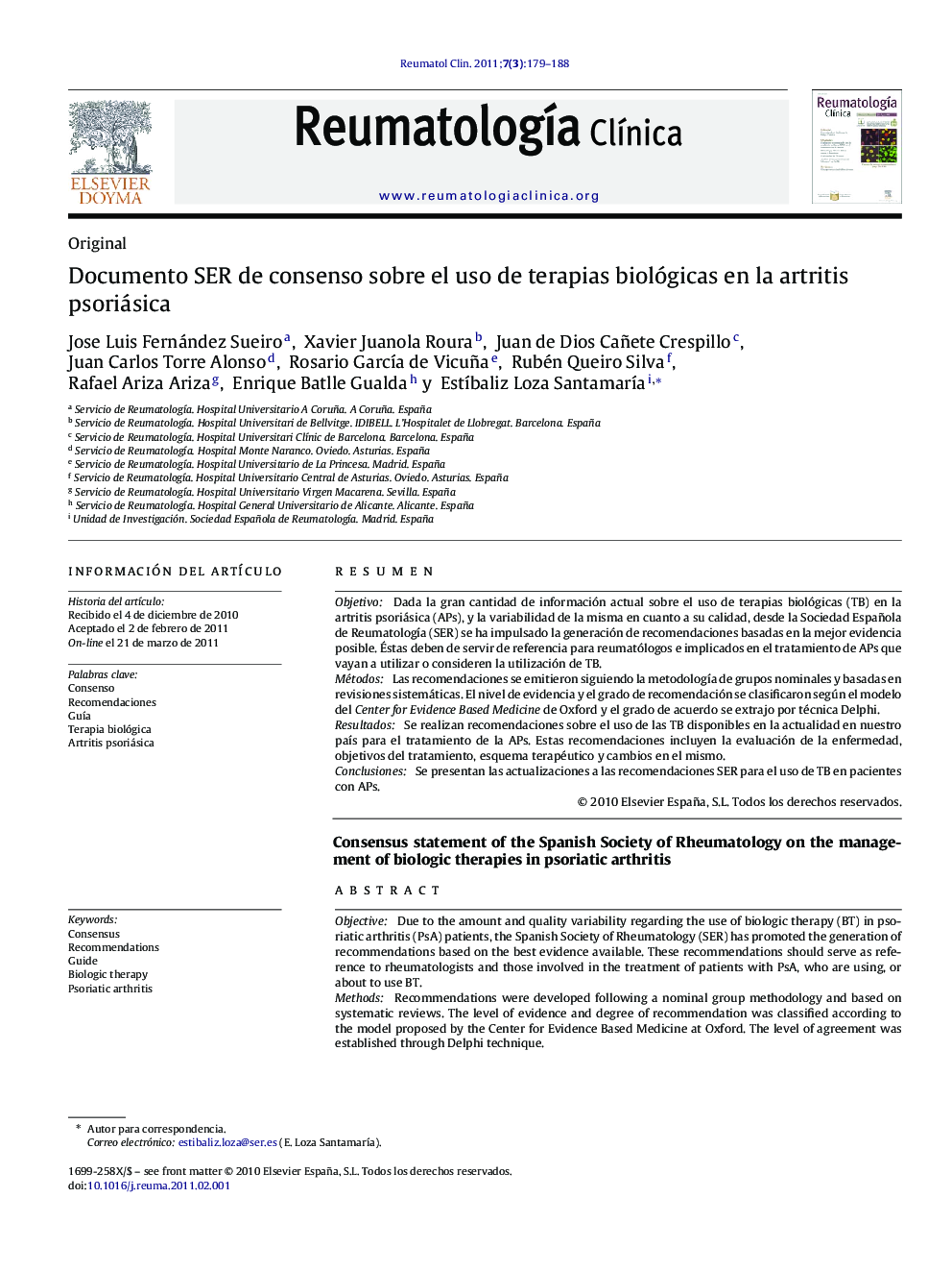 Documento SER de consenso sobre el uso de terapias biológicas en la artritis psoriásica