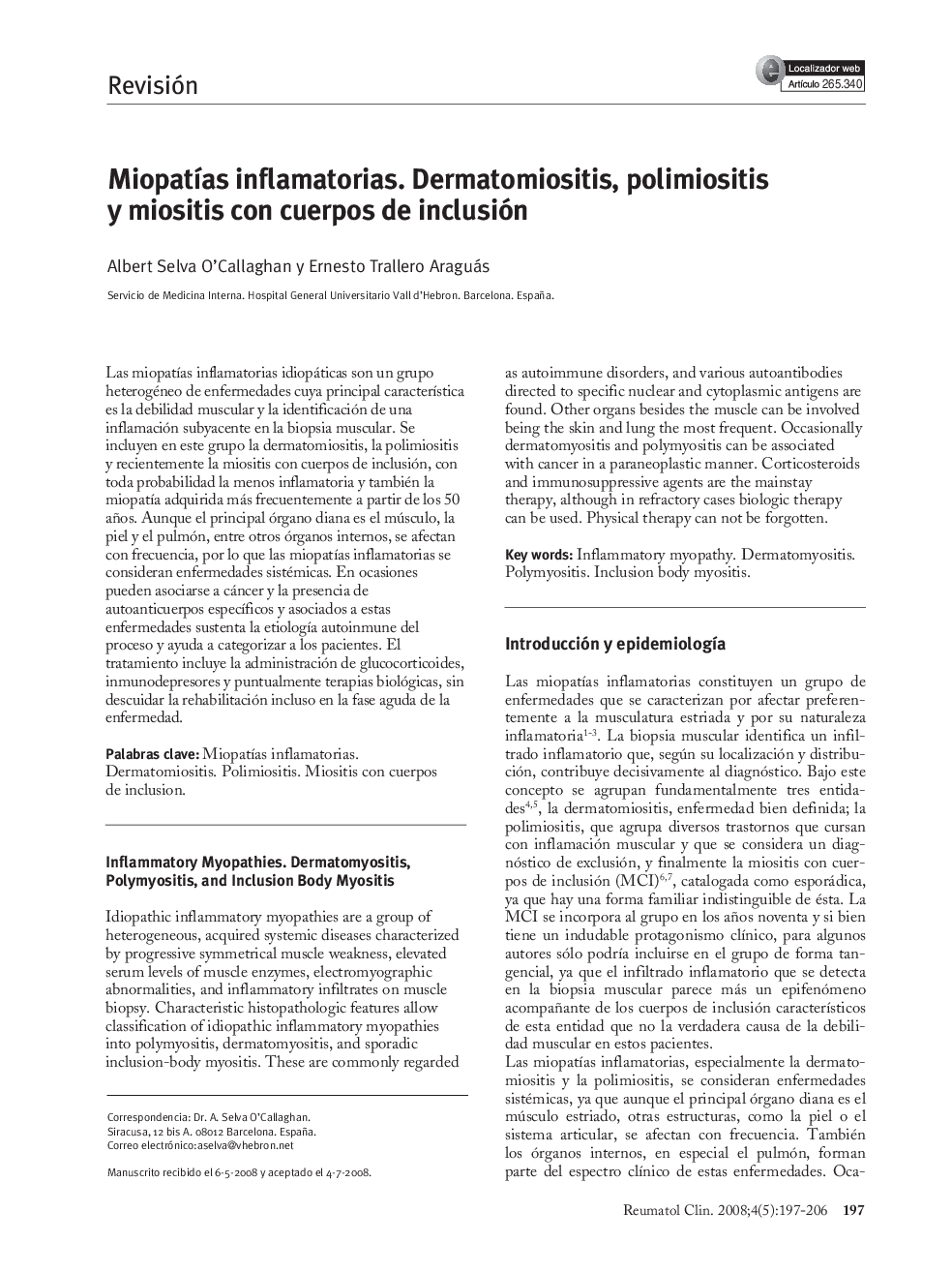 Miopatías inflamatorias. Dermatomiositis, polimiositis y miositis con cuerpos de inclusión