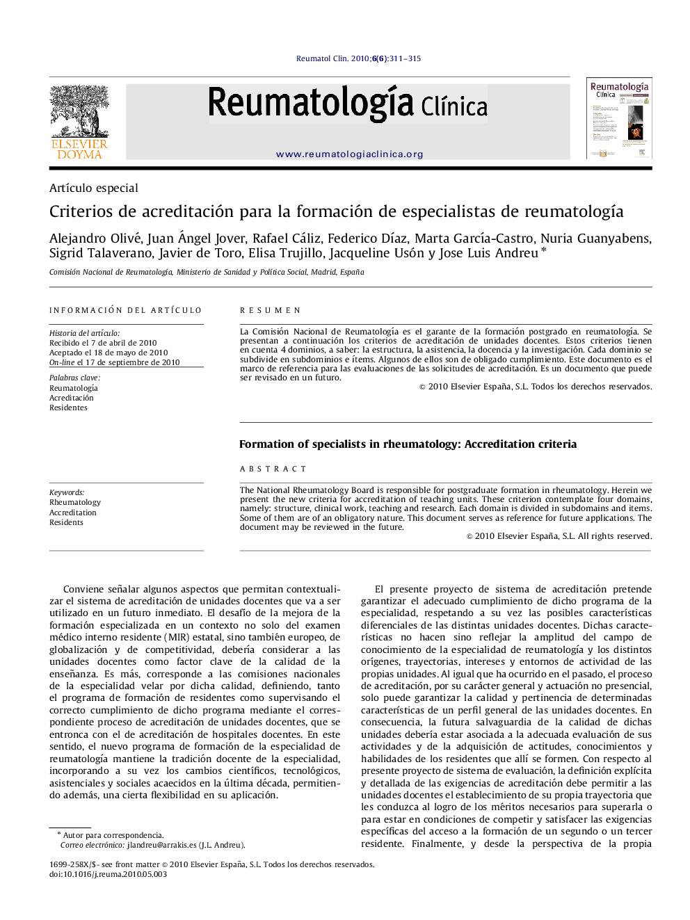 Criterios de acreditación para la formación de especialistas de reumatologÃ­a
