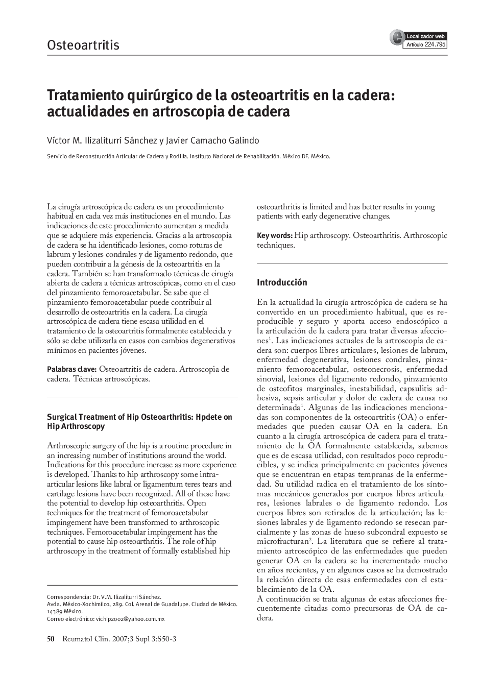 Tratamiento quirúrgico de la osteoartritis en la cadera: actualidades en artroscopia de cadera