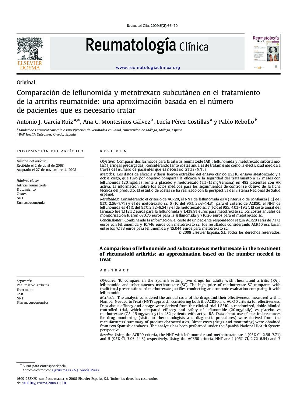 Comparación de leflunomida y metotrexato subcutáneo en el tratamiento de la artritis reumatoide: una aproximación basada en el número de pacientes que es necesario tratar