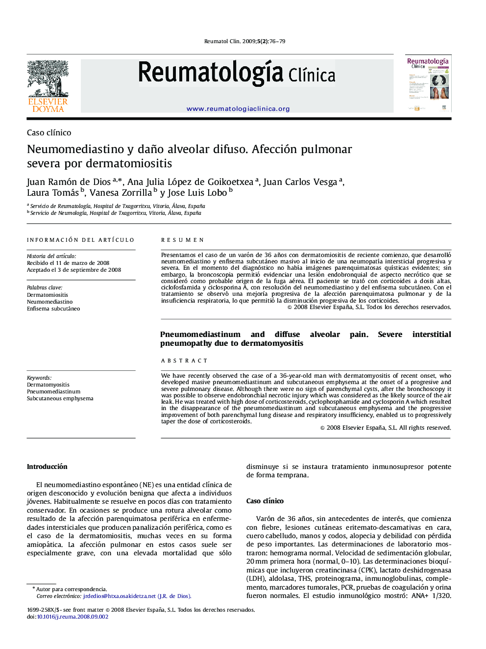 Neumomediastino y daño alveolar difuso. Afección pulmonar severa por dermatomiositis