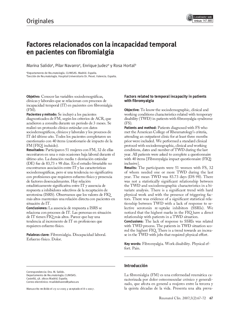 Factores relacionados con la incapacidad temporal en pacientes con fibromialgia
