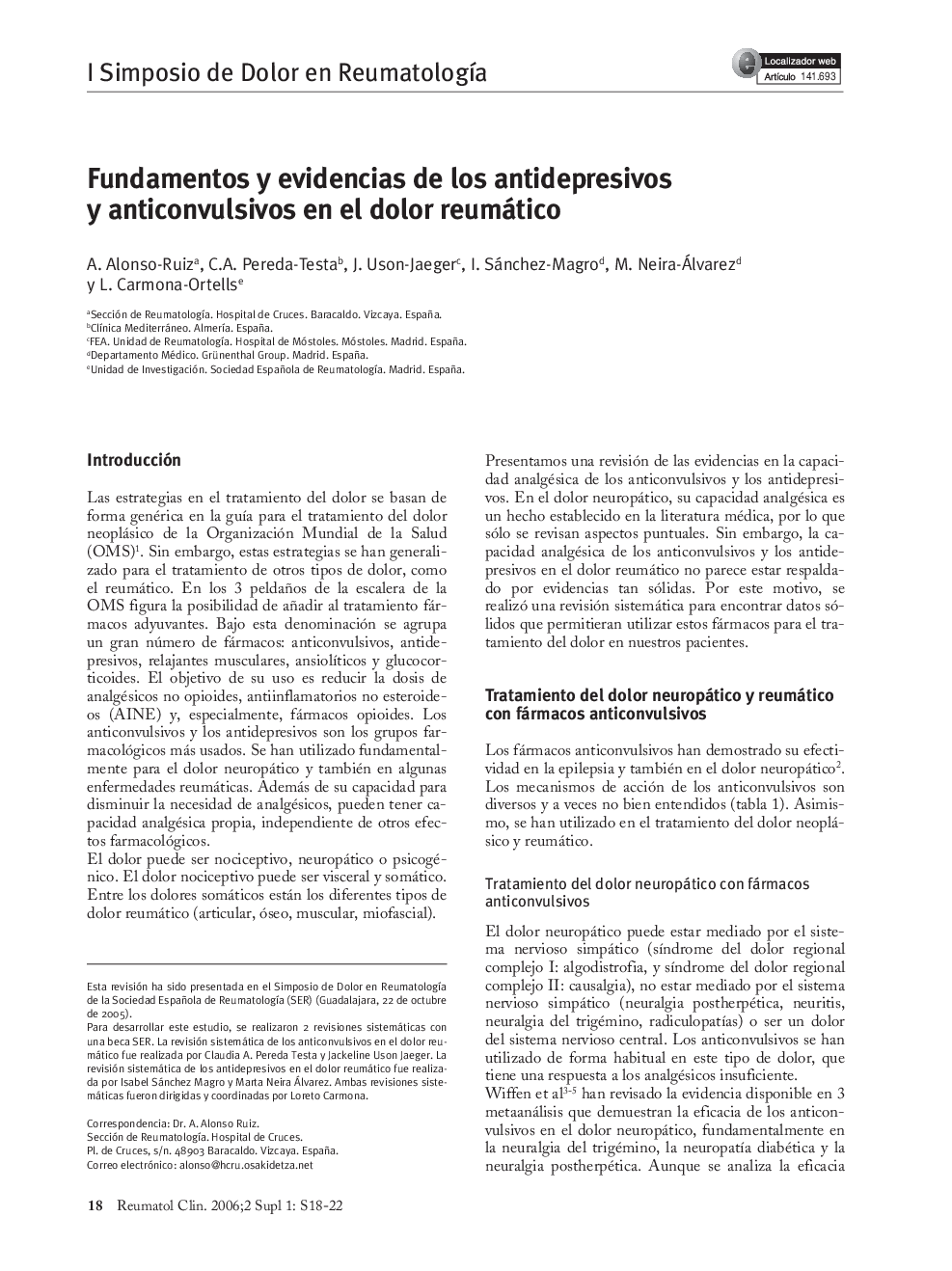 Fundamentos y evidencias de los antidepresivos y anticonvulsivos en el dolor reumático