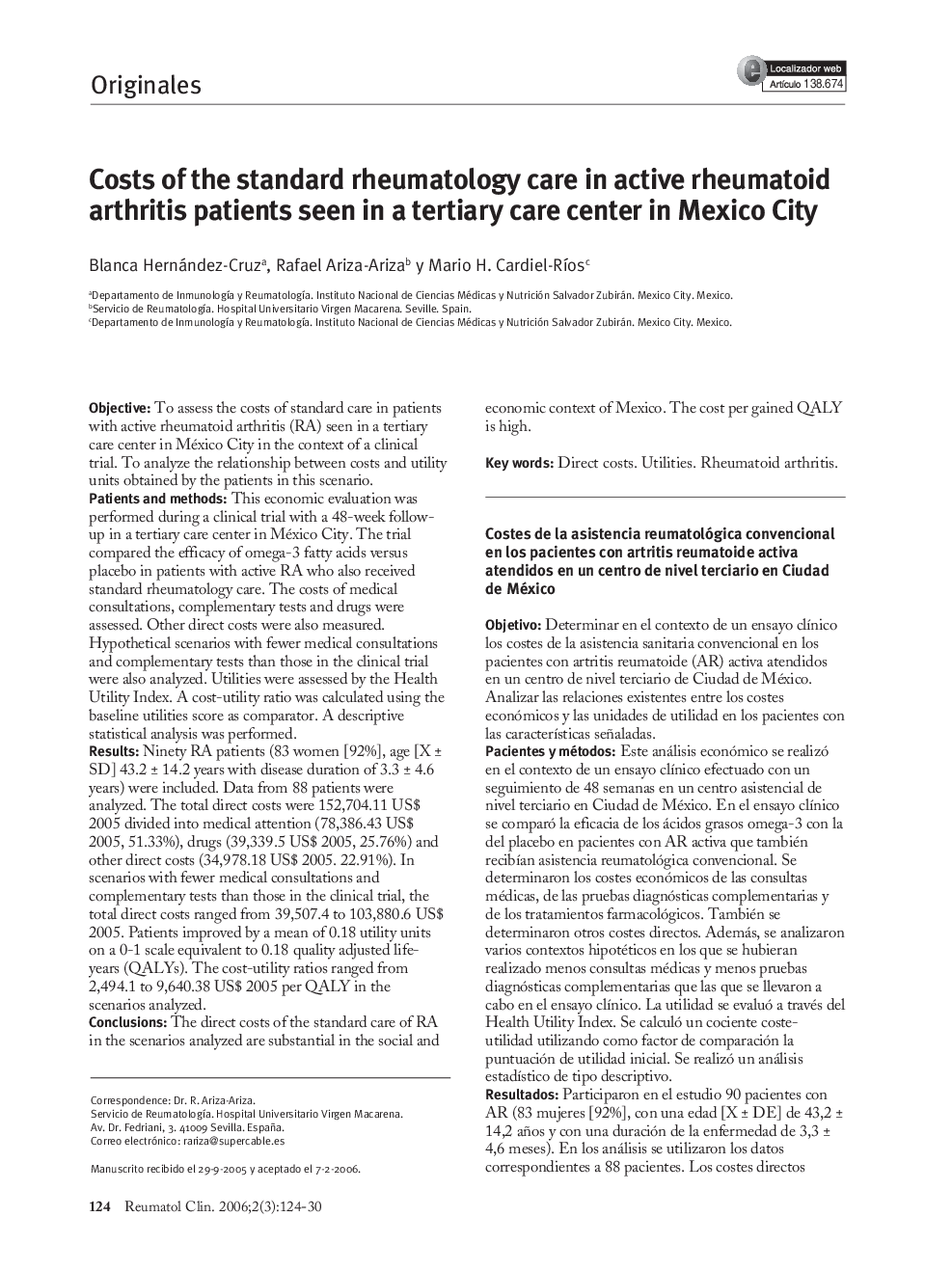 Costs of the standard rheumatology care in active rheumatoid arthritis patients seen in a tertiary care center in Mexico City