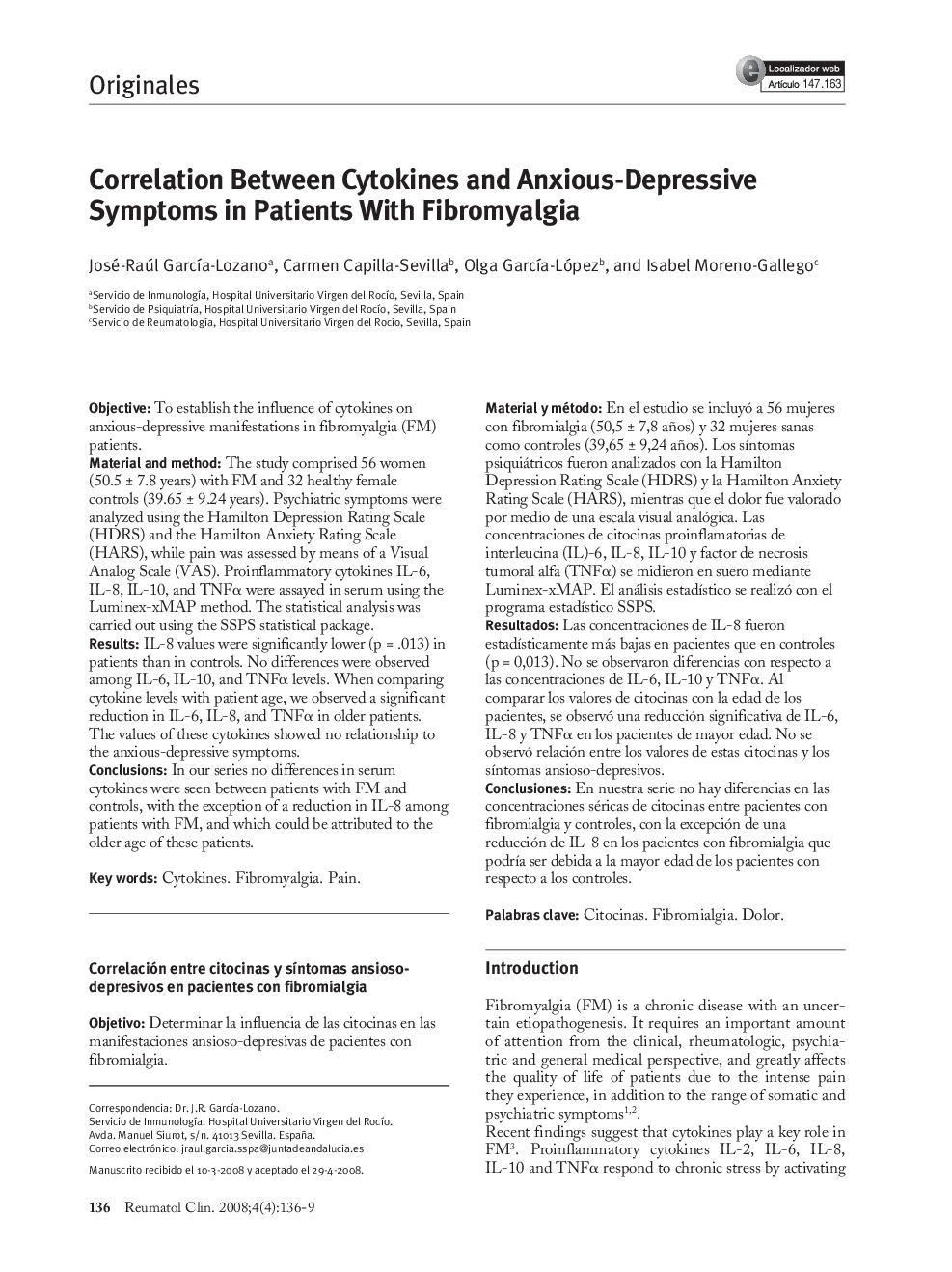 Correlation Between Cytokines and Anxious-Depressive Symptoms in Patients With Fibromyalgia