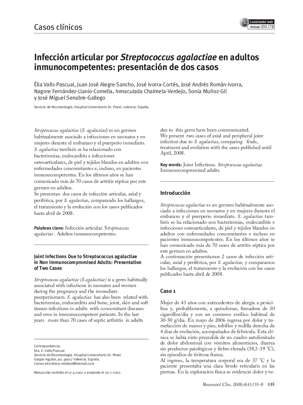 Infección articular por Streptococcus agalactiae en adultos inmunocompetentes: presentación de dos casos