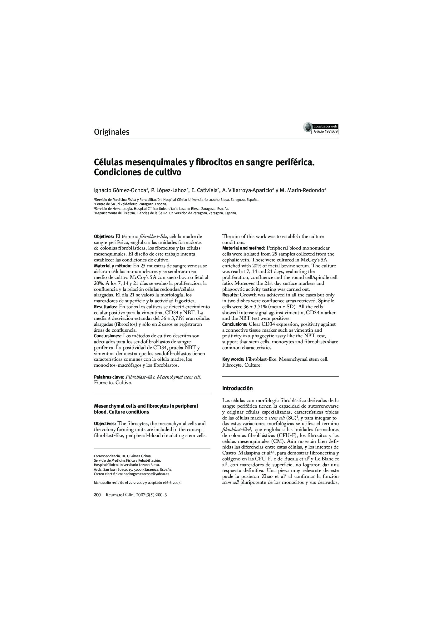 Células mesenquimales y fibrocitos en sangre periférica. Condiciones de cultivo