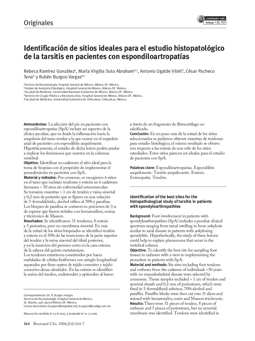 Identificación de sitios ideales para el estudio histopatológico de la tarsitis en pacientes con espondiloartropatÃ­as