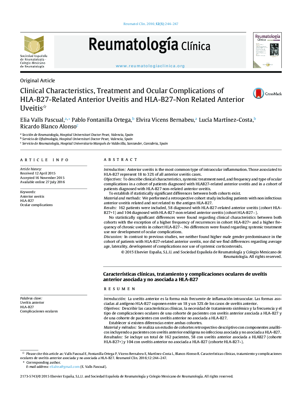 Clinical Characteristics, Treatment and Ocular Complications of HLA-B27-Related Anterior Uveitis and HLA-B27-Non Related Anterior Uveitis 