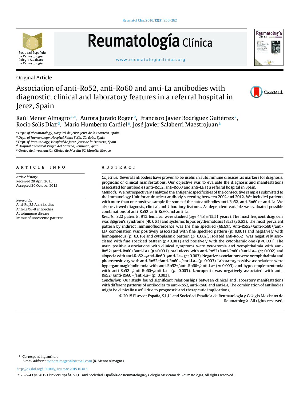 Association of anti-Ro52, anti-Ro60 and anti-La antibodies with diagnostic, clinical and laboratory features in a referral hospital in Jerez, Spain