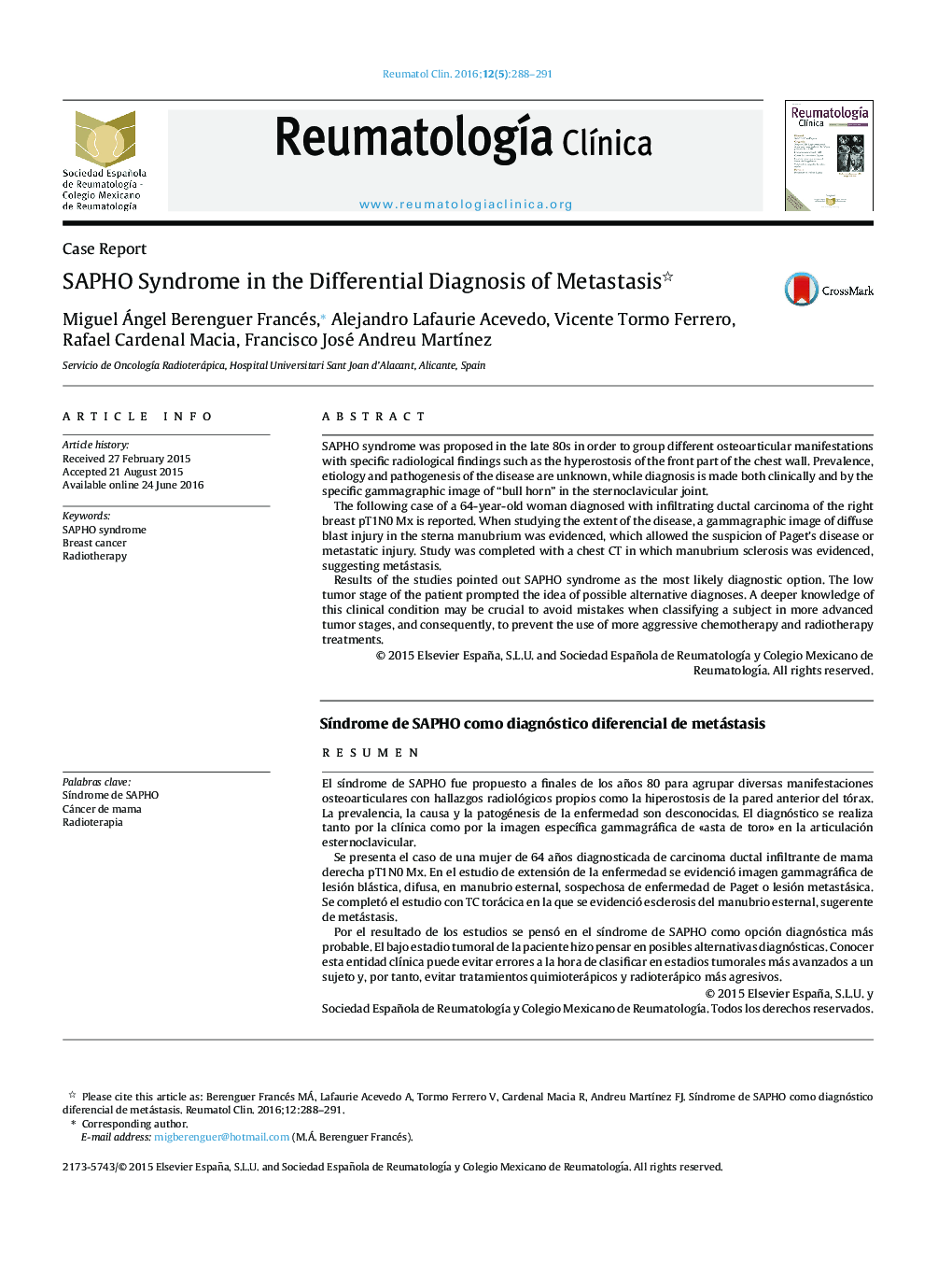 SAPHO Syndrome in the Differential Diagnosis of Metastasis 