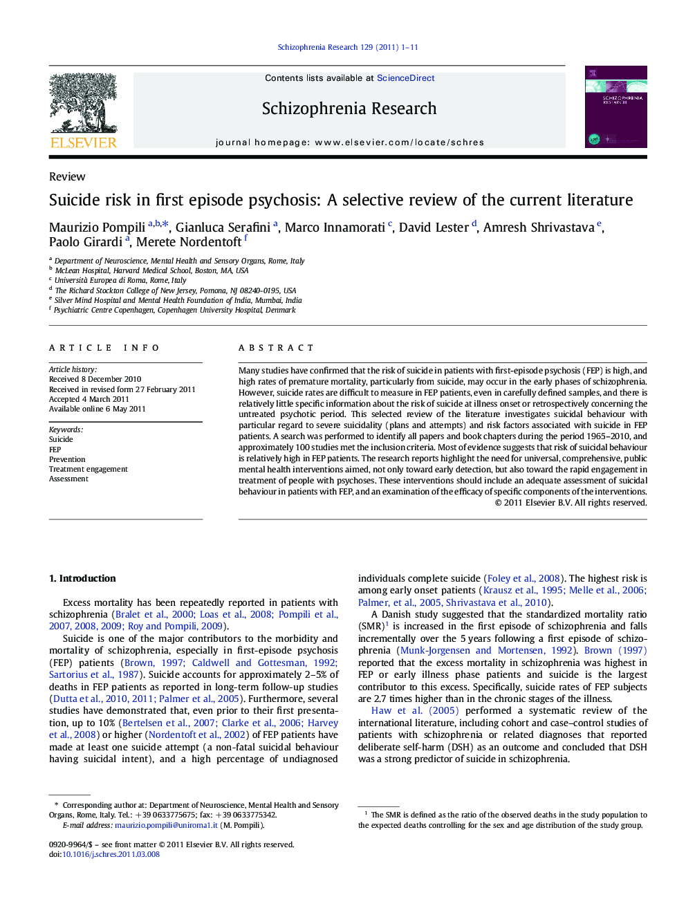 Suicide risk in first episode psychosis: A selective review of the current literature