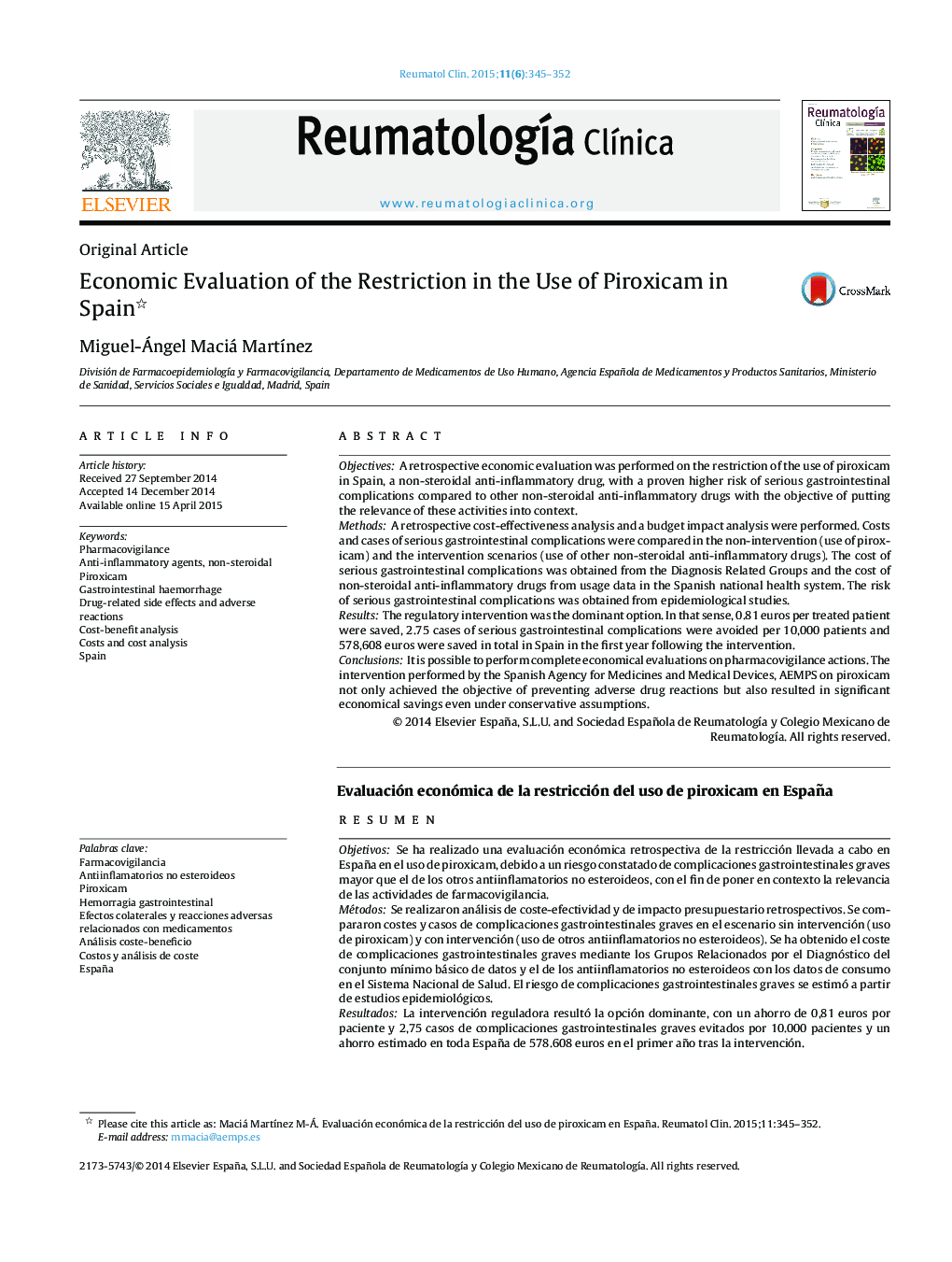 Economic Evaluation of the Restriction in the Use of Piroxicam in Spain 