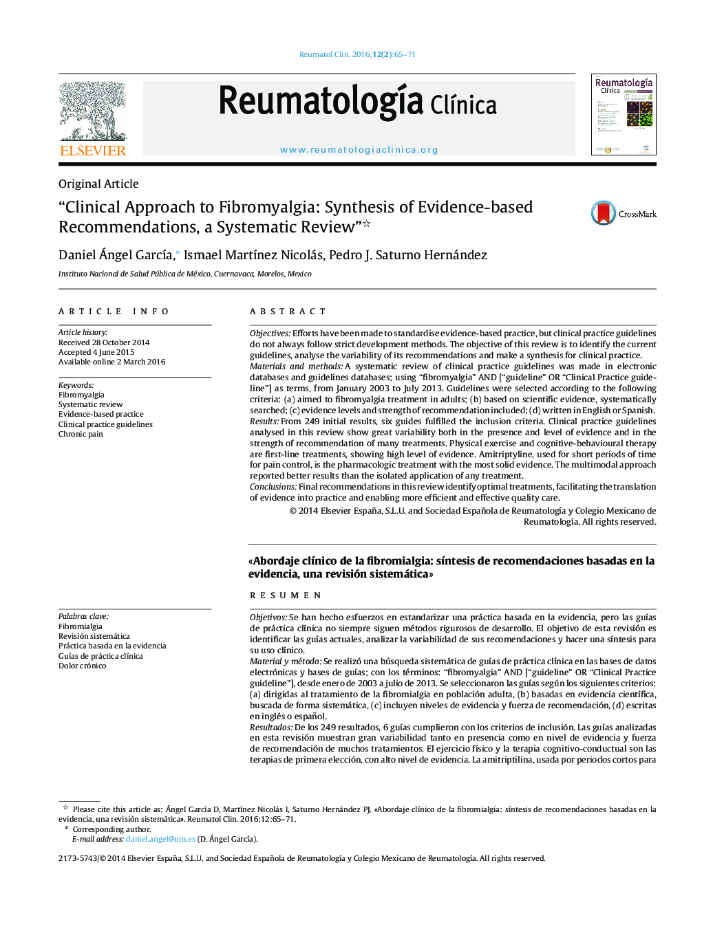 “Clinical Approach to Fibromyalgia: Synthesis of Evidence-based Recommendations, a Systematic Review” 