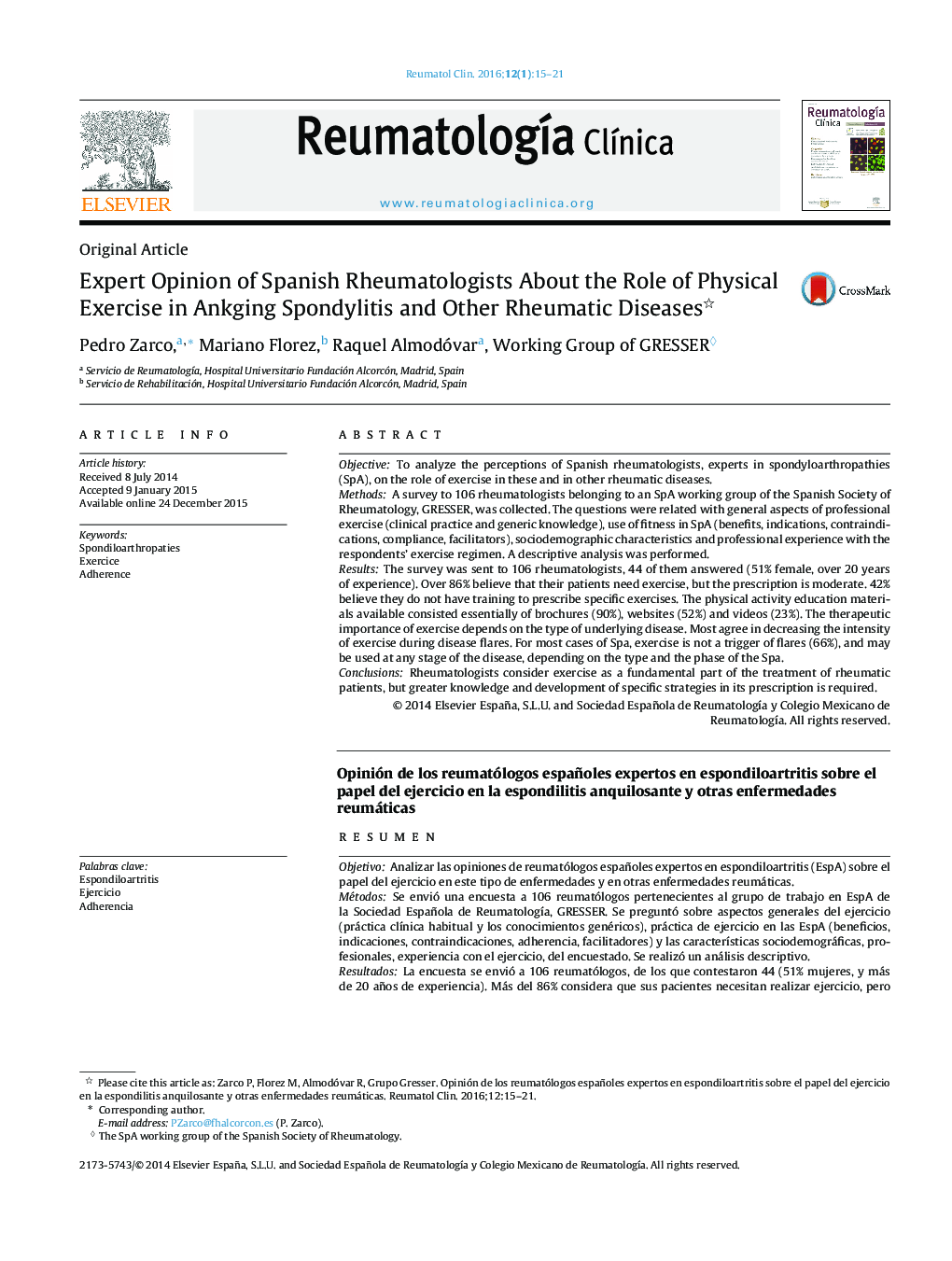 Expert Opinion of Spanish Rheumatologists About the Role of Physical Exercise in Ankging Spondylitis and Other Rheumatic Diseases 