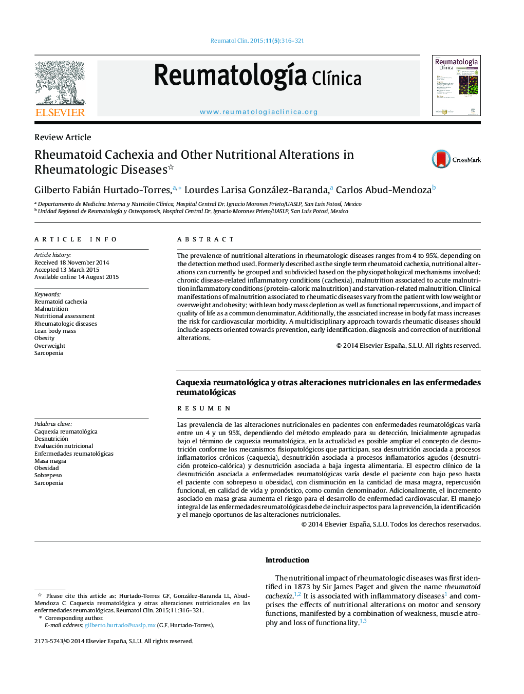 Rheumatoid Cachexia and Other Nutritional Alterations in Rheumatologic Diseases 