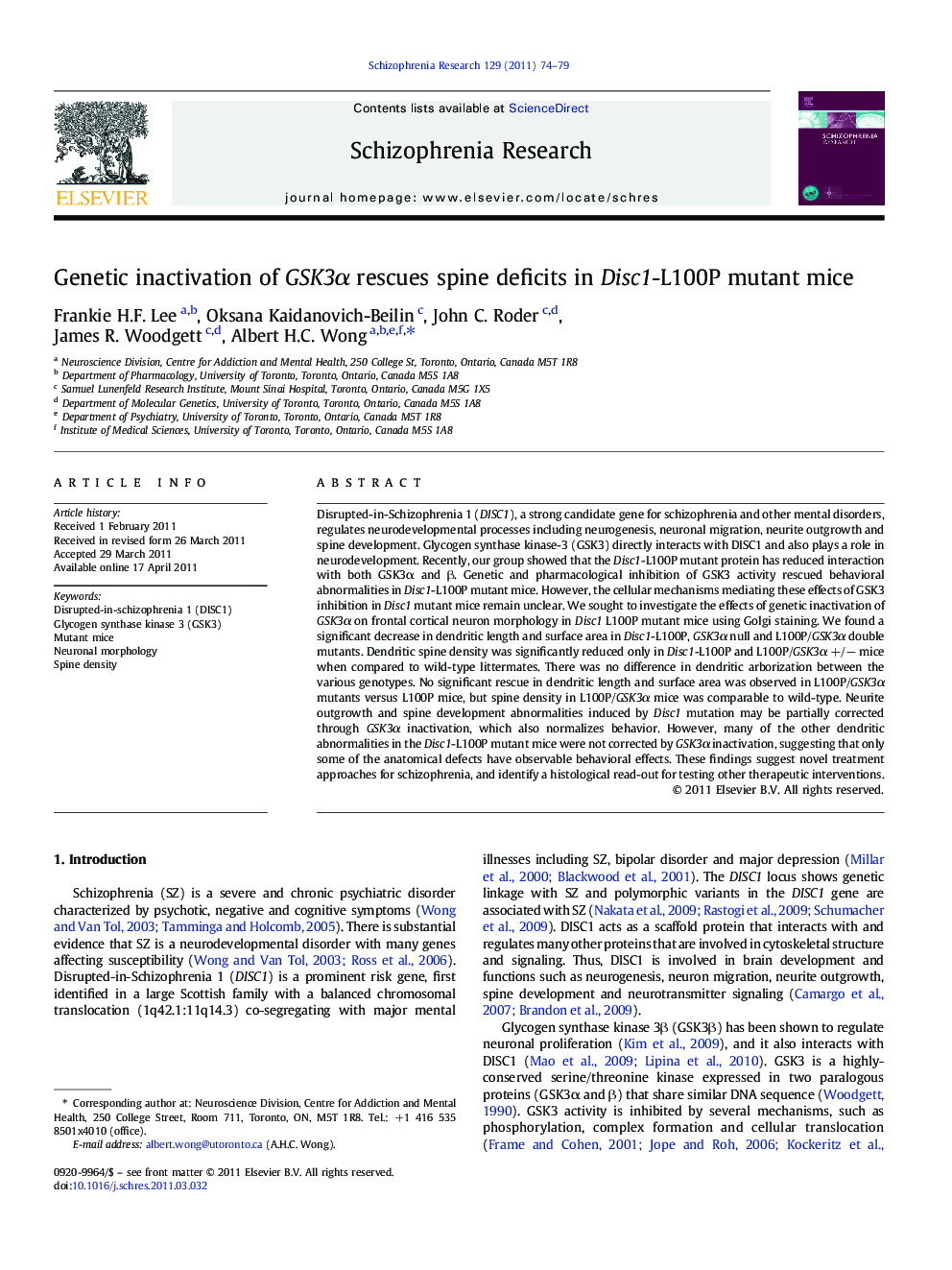 Genetic inactivation of GSK3α rescues spine deficits in Disc1-L100P mutant mice