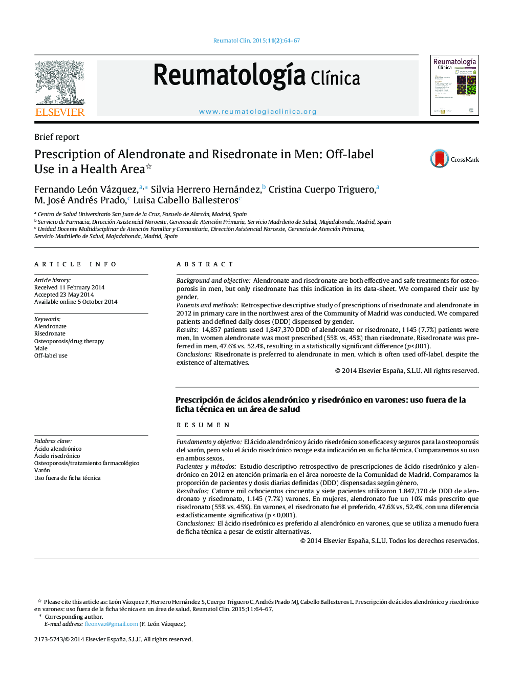 Prescription of Alendronate and Risedronate in Men: Off-label Use in a Health Area 