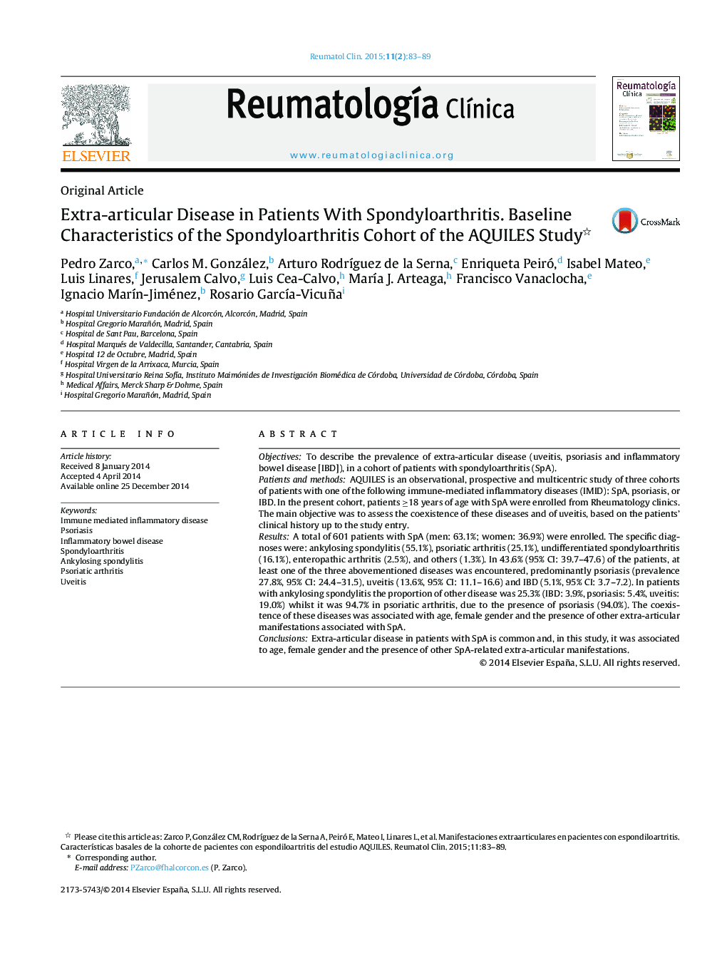 Extra-articular Disease in Patients With Spondyloarthritis. Baseline Characteristics of the Spondyloarthritis Cohort of the AQUILES Study 