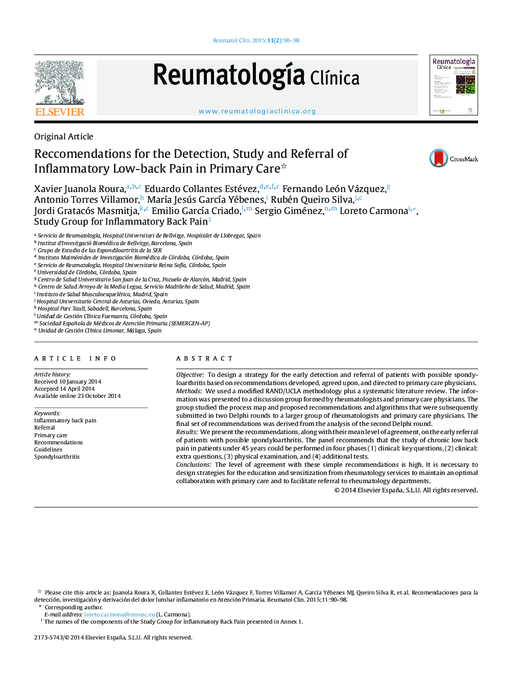 Reccomendations for the Detection, Study and Referral of Inflammatory Low-back Pain in Primary Care 