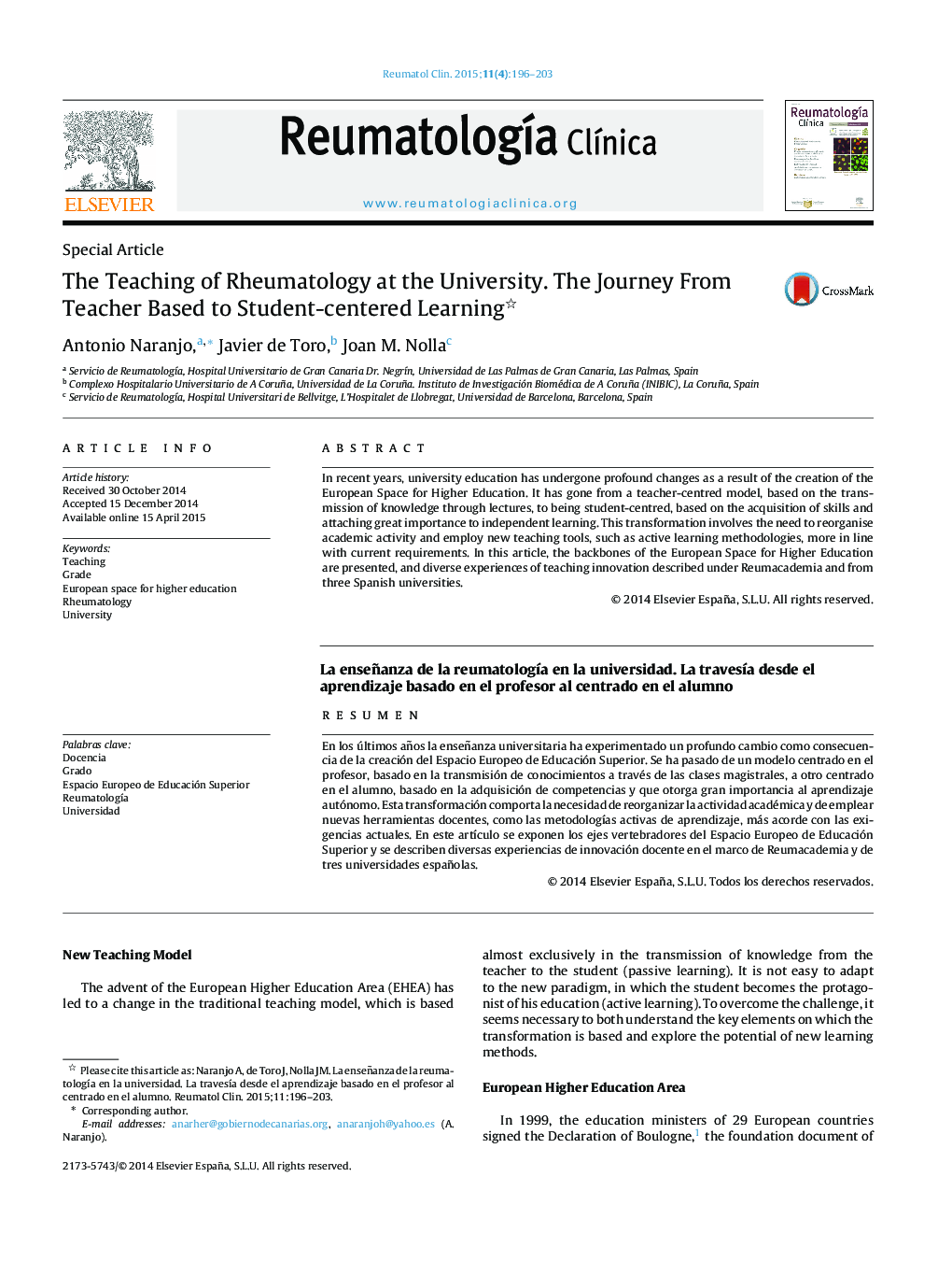 The Teaching of Rheumatology at the University. The Journey From Teacher Based to Student-centered Learning 