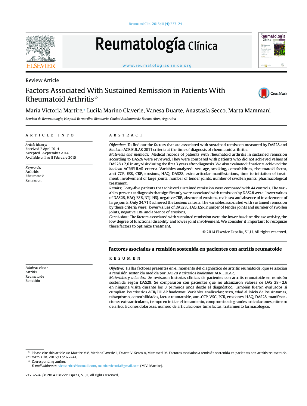 Factors Associated With Sustained Remission in Patients With Rheumatoid Arthritis 