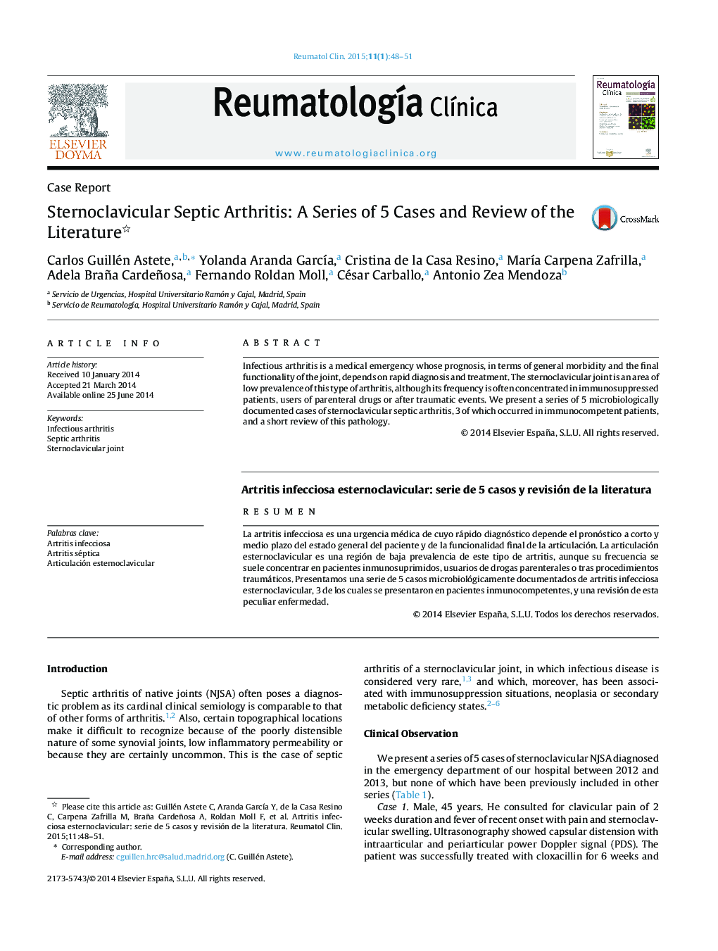 Sternoclavicular Septic Arthritis: A Series of 5 Cases and Review of the Literature 