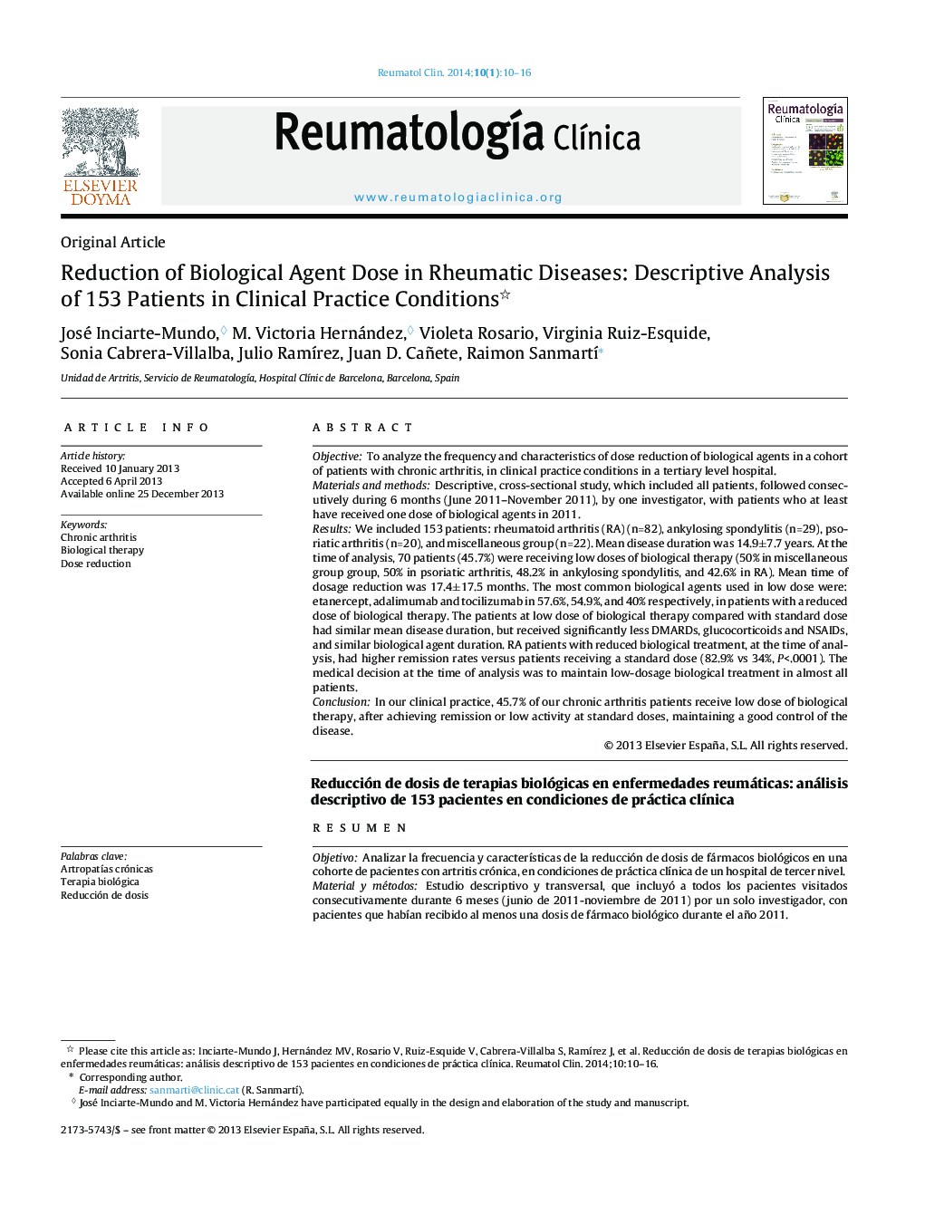 Reduction of Biological Agent Dose in Rheumatic Diseases: Descriptive Analysis of 153 Patients in Clinical Practice Conditions 