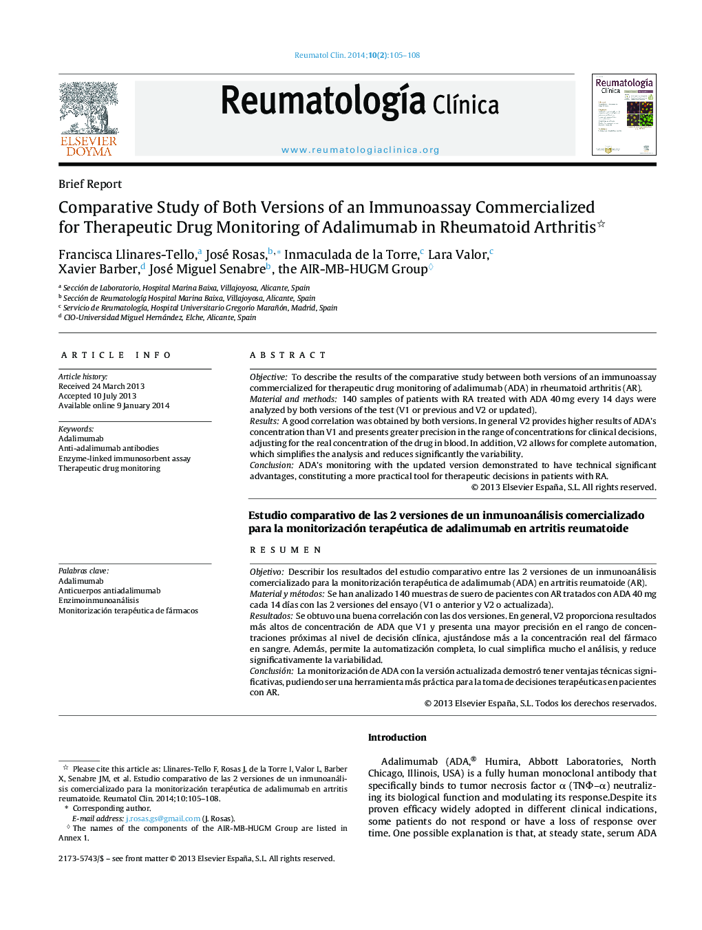 Comparative Study of Both Versions of an Immunoassay Commercialized for Therapeutic Drug Monitoring of Adalimumab in Rheumatoid Arthritis 