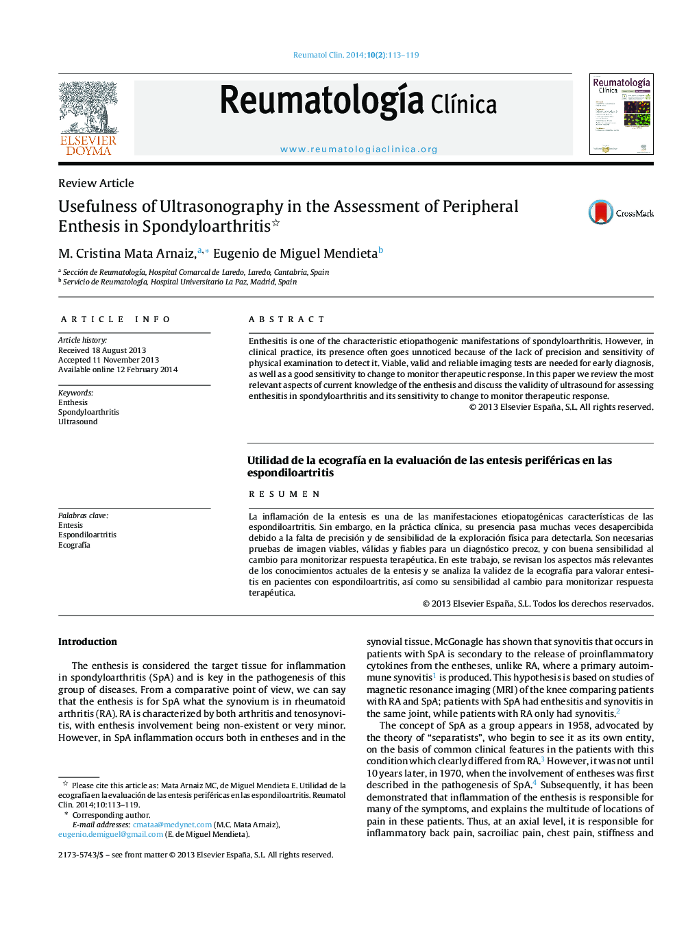 Usefulness of Ultrasonography in the Assessment of Peripheral Enthesis in Spondyloarthritis