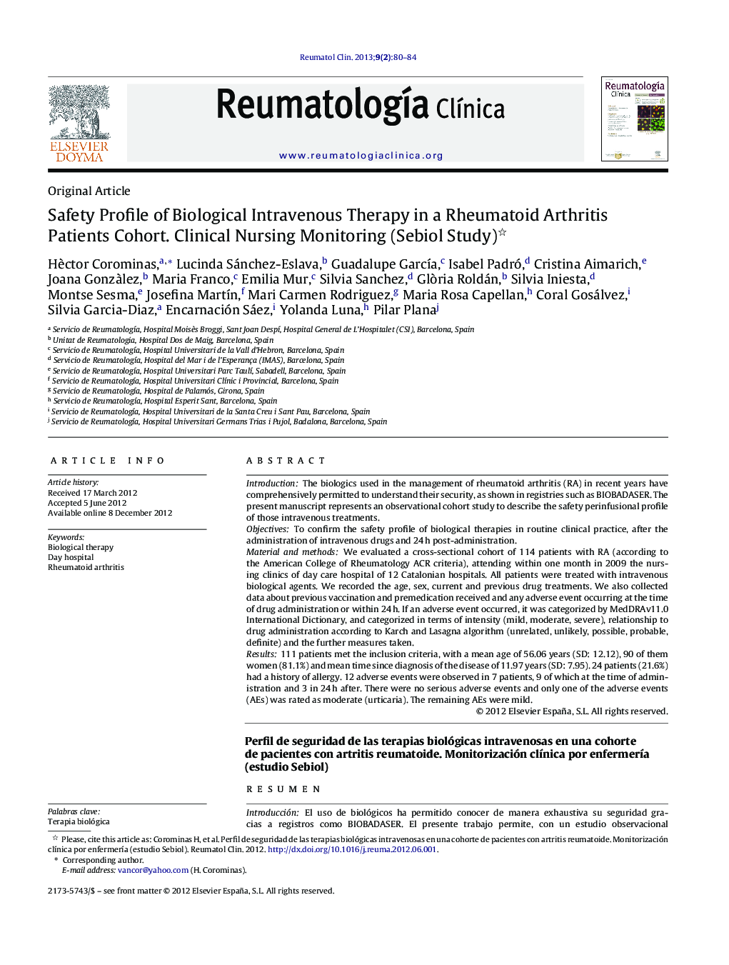 Safety Profile of Biological Intravenous Therapy in a Rheumatoid Arthritis Patients Cohort. Clinical Nursing Monitoring (Sebiol Study) 