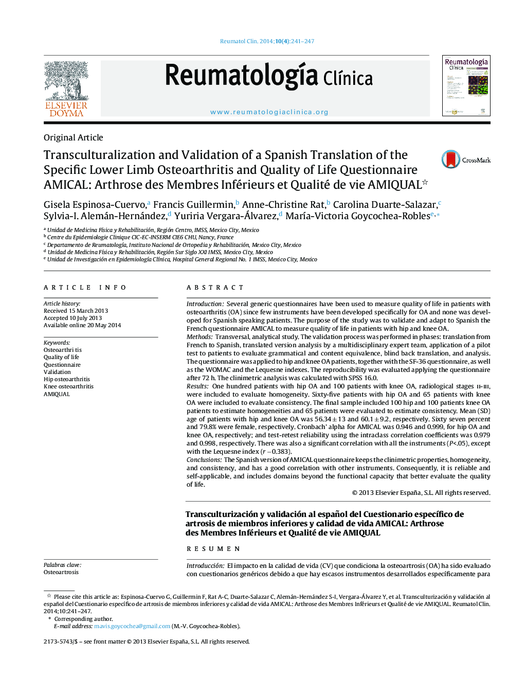 Transculturalization and Validation of a Spanish Translation of the Specific Lower Limb Osteoarthritis and Quality of Life Questionnaire AMICAL: Arthrose des Membres Inférieurs et Qualité de vie AMIQUAL 